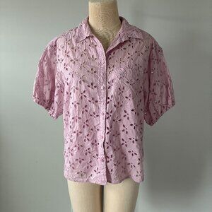 J. Crew Spring Garden Eyelet Pink Puff Sleeve Button Down Blouse